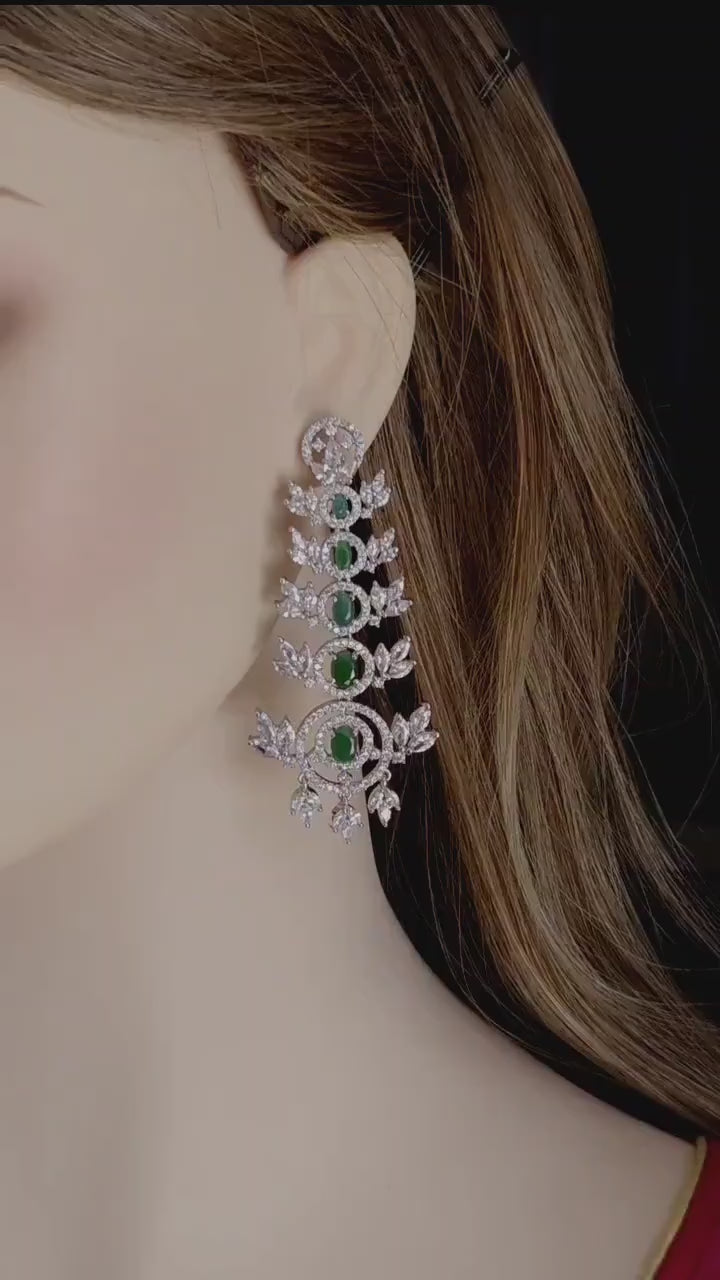 Emerald Green & Clear CZ Chandelier Earrings | Silver Bridal Statement Drops