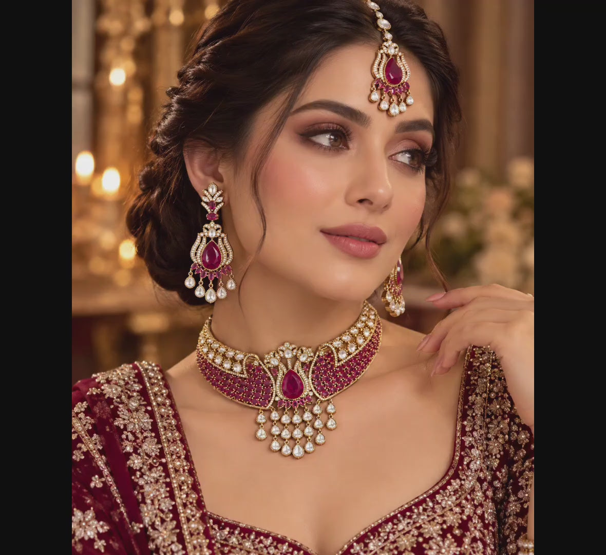 video showcasing Traditional bridal necklace set with wine-red stones, clear accents, matching chandelier earrings, and maang tikka 