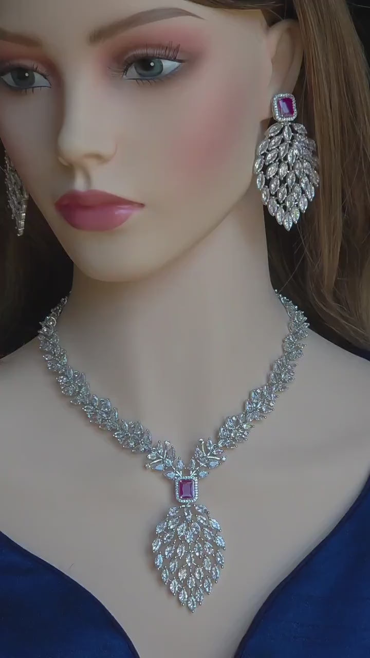 Marquise CZ Waterfall Necklace Set Magenta Blue Indian Wedding Jewelry Sahar