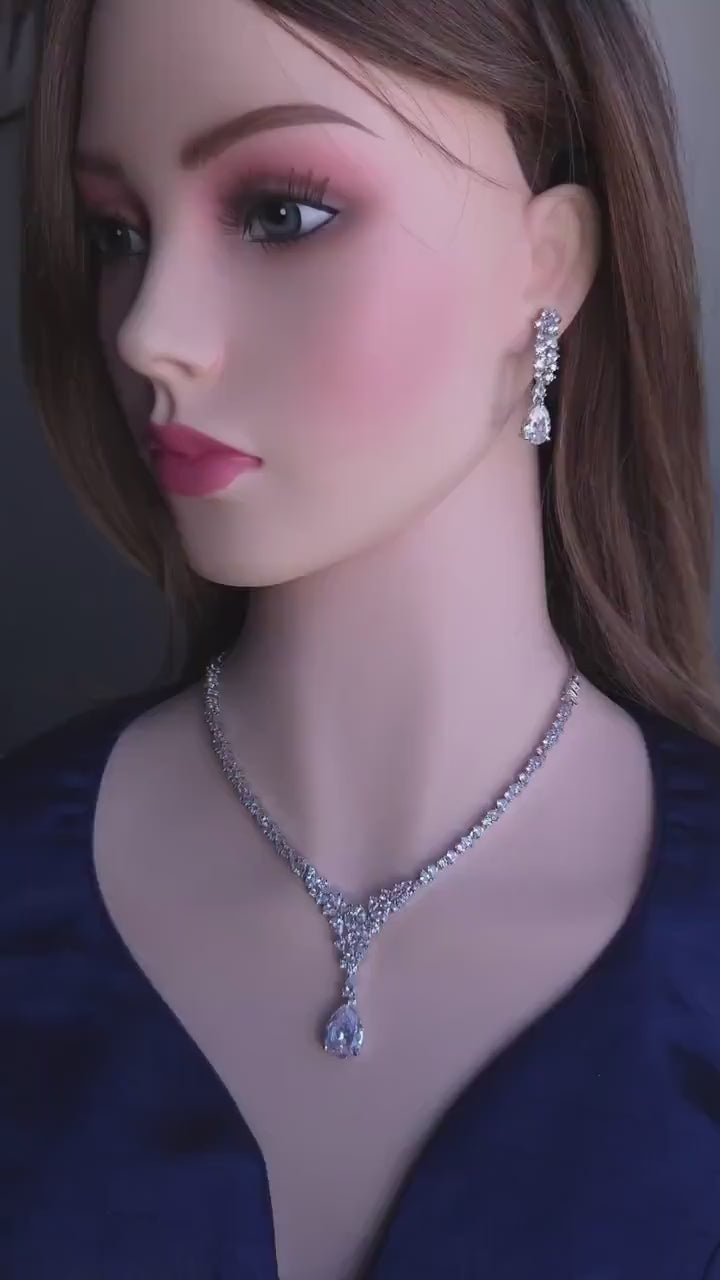 Teardrop Cubic Zirconia Y Necklace Set, Bridal Wedding Jewelry with Matching Earrings