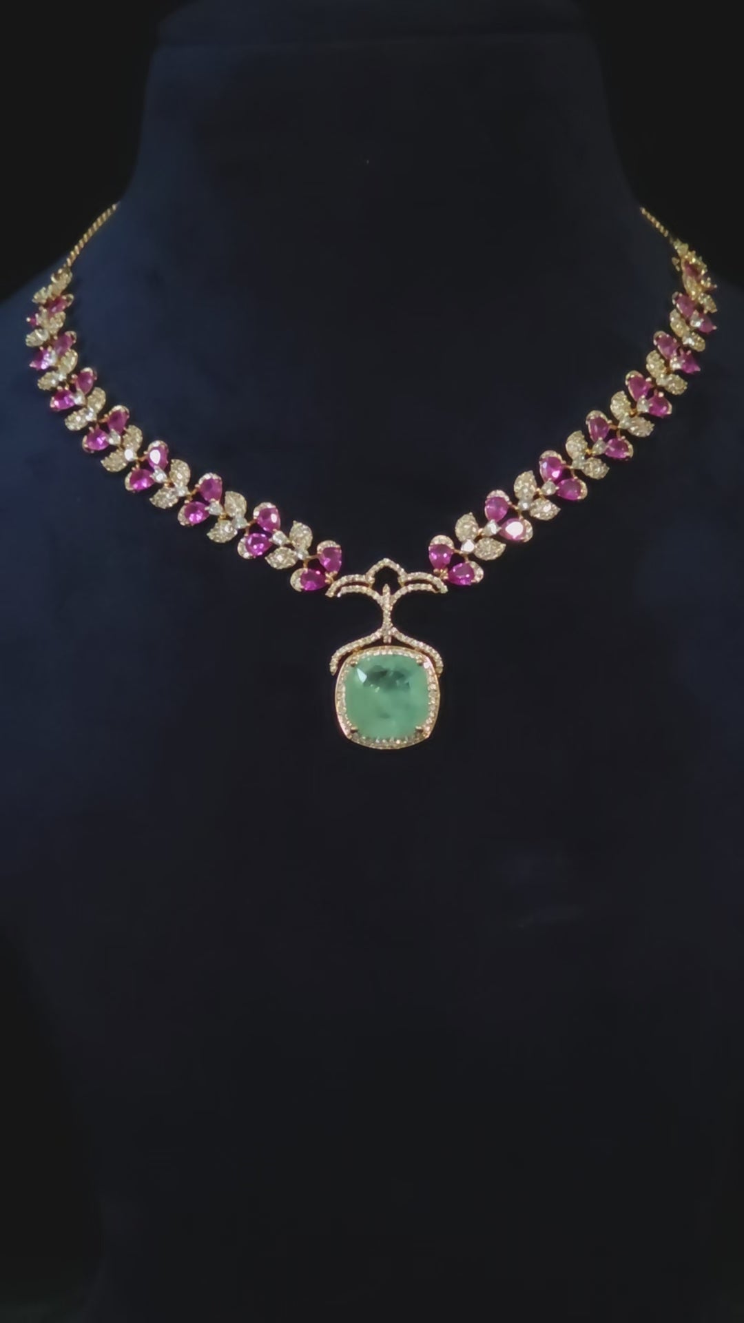 Mint & Fuchsia Floral CZ Statement Necklace & Drop Earring Set Layla – mint green cushion-cut CZ pendant with fuchsia floral-leaf CZ chain and matching drop earrings in rose gold finish