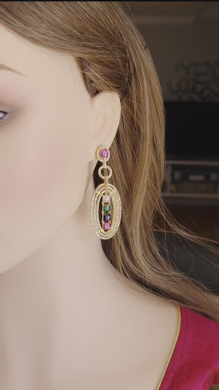 Gold Plated Multicolor Oval Dangle Earrings, Cubic Zirconia Bridal Jewelry