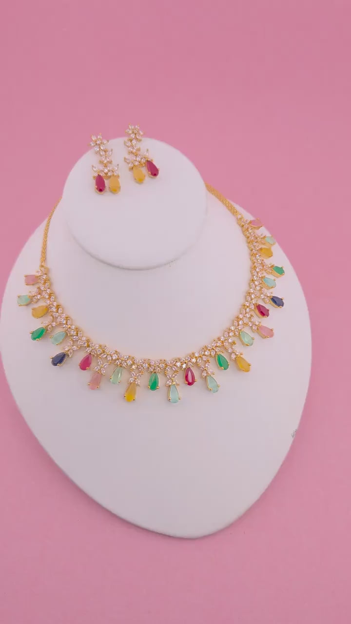 Multicolor CZ Necklace Set Gold Plated | Pastel Indian Festive Jewelry