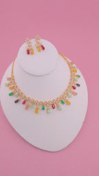 Multicolor CZ Necklace Set Gold Plated | Pastel Indian Festive Jewelry