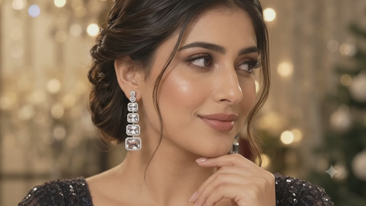 Model showcasing tiered Danglers in multiple colrs - red, green blue, pink and clear