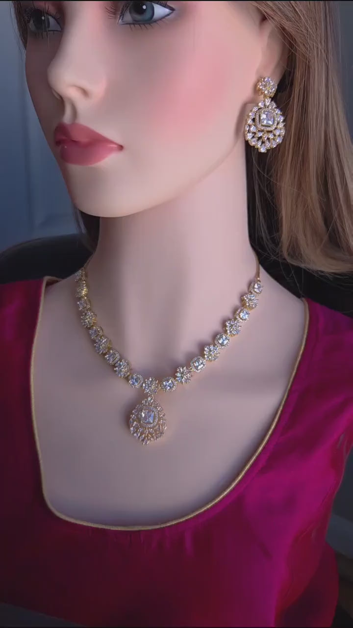 Gold Plated CZ Halo Pendant Necklace Set with Matching Earrings, Bridal Jewelry