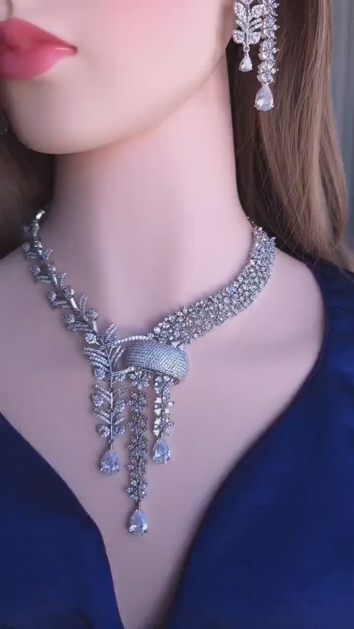 Indian Bridal Necklace Set | Silver Finish American Diamond Leaf Design with Earrings