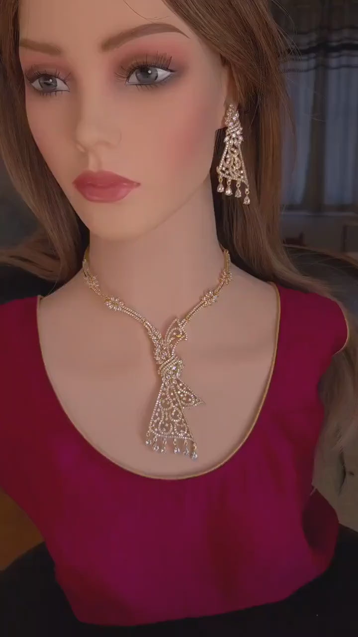 Gold Plated CZ Floral Filigree Necklace Set, Indian Bridal Statement Jewelry Earrings