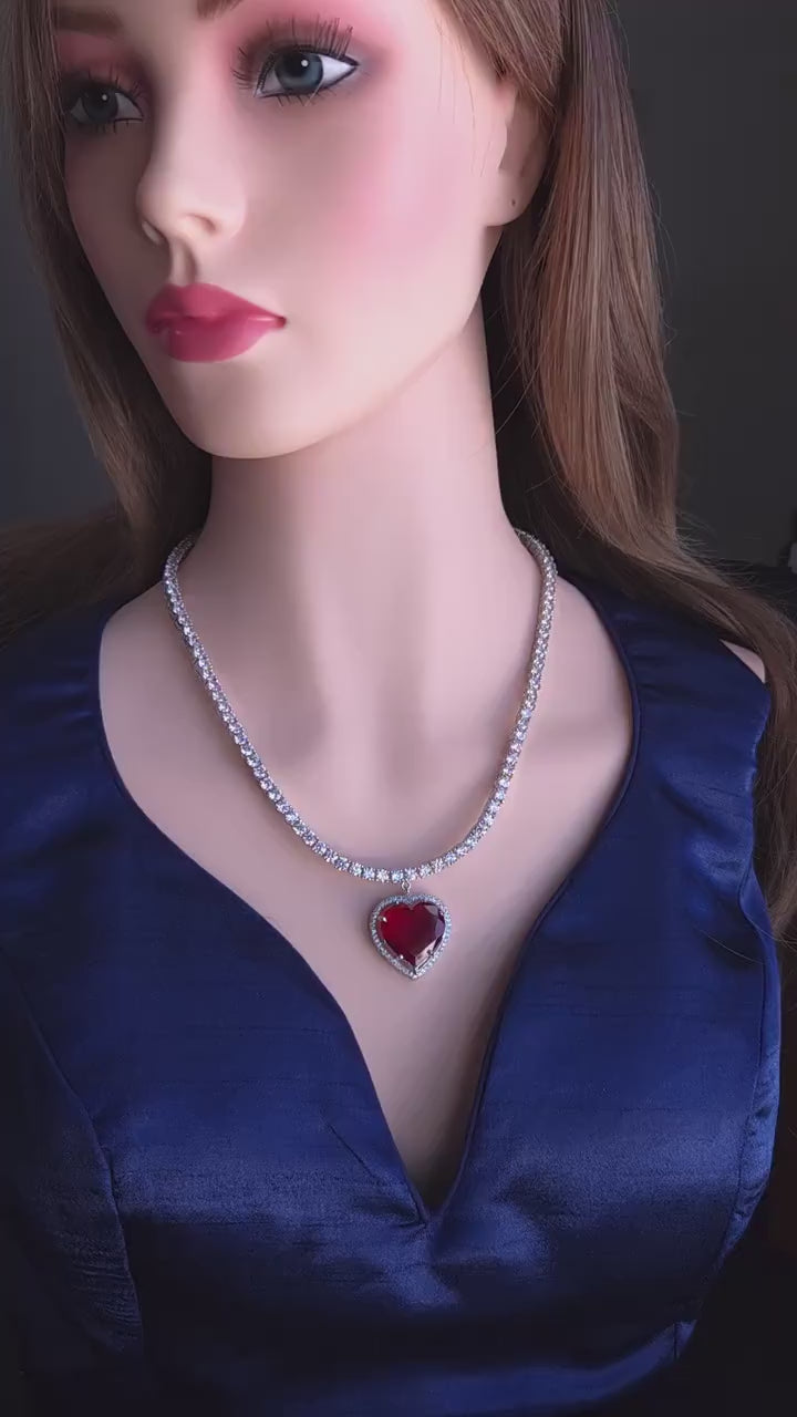 Red Heart Crystal Pendant Necklace, Tennis Chain, Silver-Tone Plating, Cubic Zirconia