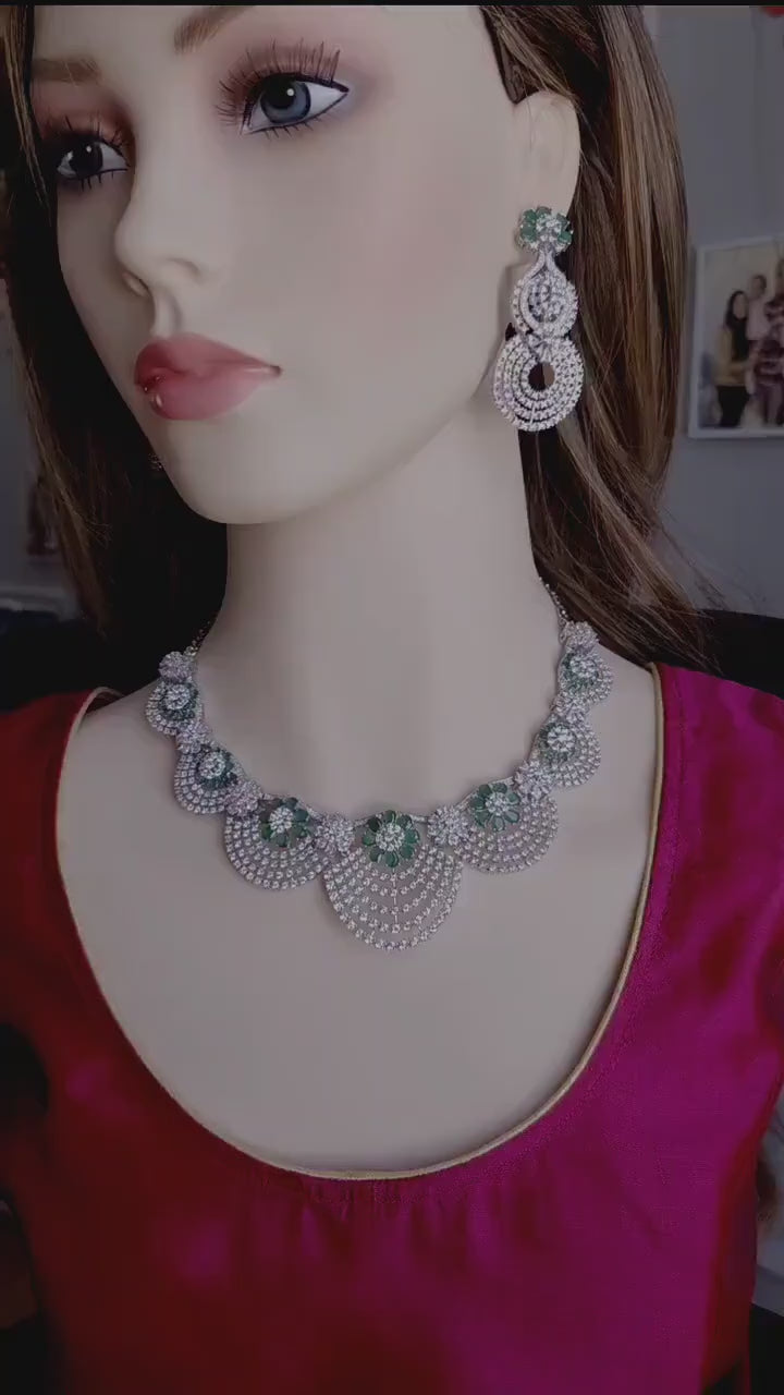 Emerald Green CZ Bridal Necklace Set | Silver Scalloped Statement Jewelry with Earrings