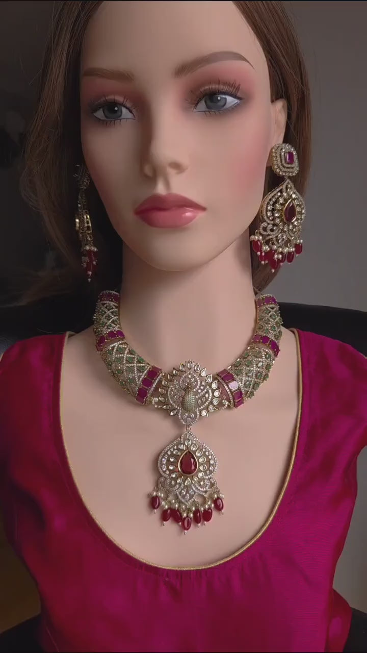 Peacock Moissanite Kundan Bridal Choker Set, Indian Wedding Jewelry, Statement Lehenga Necklace, Nikkah Reception Jewelry