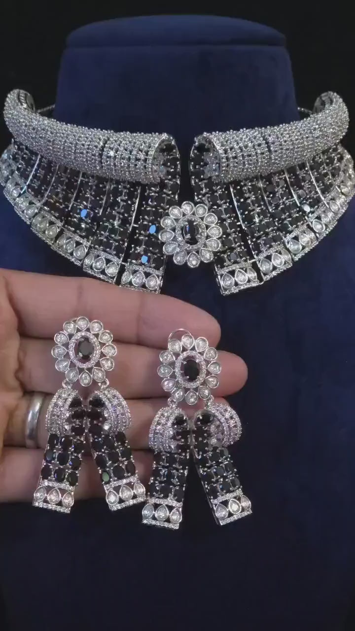Blue Black Bridal Choker Necklace Set CZ Statement Collar Indian Pakistani Wedding Jewelry Nisha