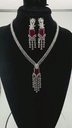 Ruby Red Cubic Zirconia Necklace Earrings Set | Silver Plated Bridal Statement Jewelry
