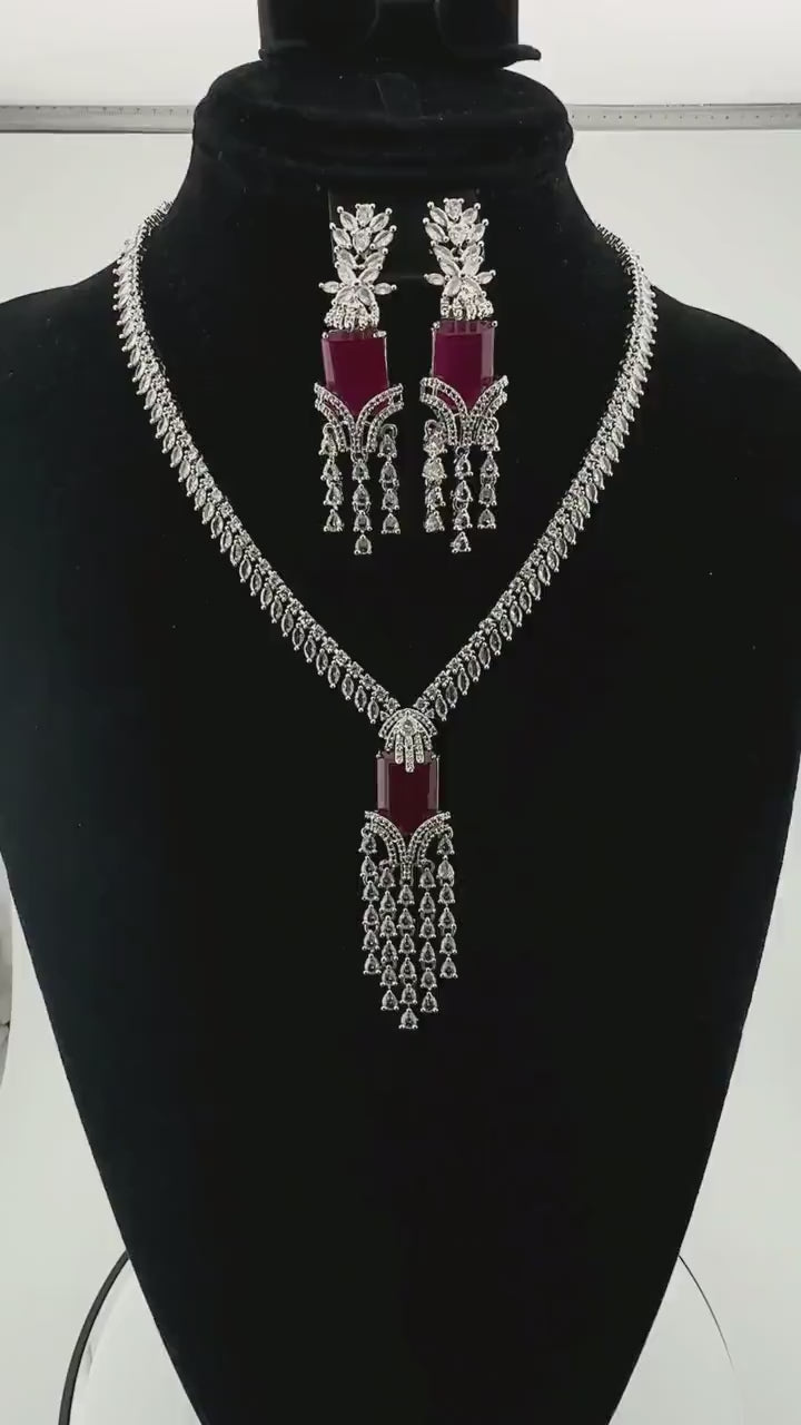 Ruby Red Cubic Zirconia Necklace Earrings Set | Silver Plated Bridal Statement Jewelry