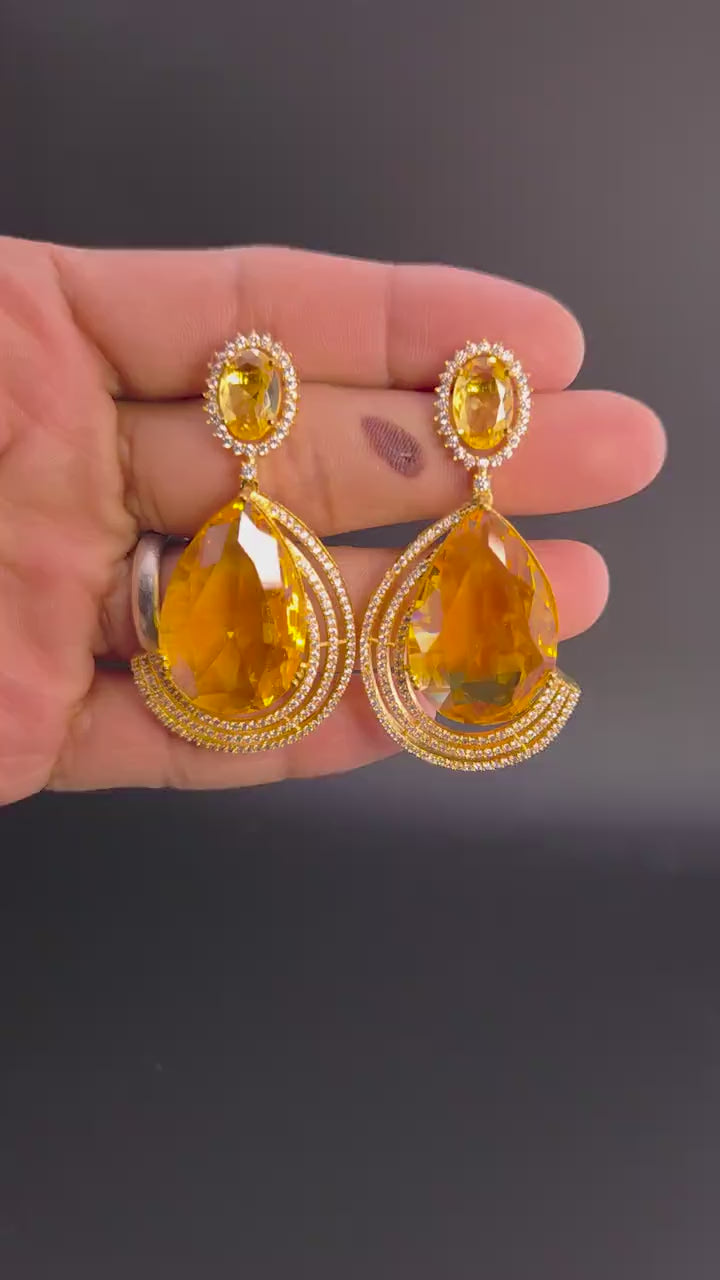 Gold Plated Teardrop CZ Earrings – Blue & Yellow | Bridal Statement Jewelry