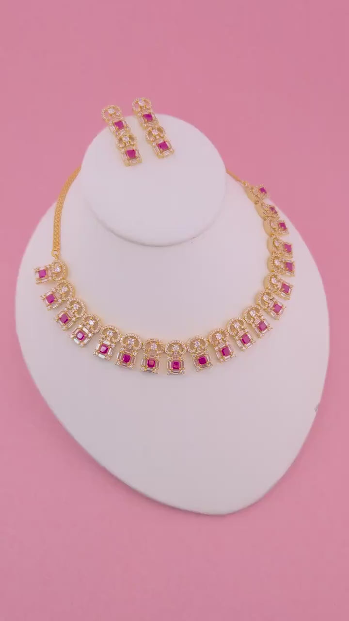 Pink Magenta CZ Choker Necklace & Earrings Set – Gold Plated Bridal Jewelry