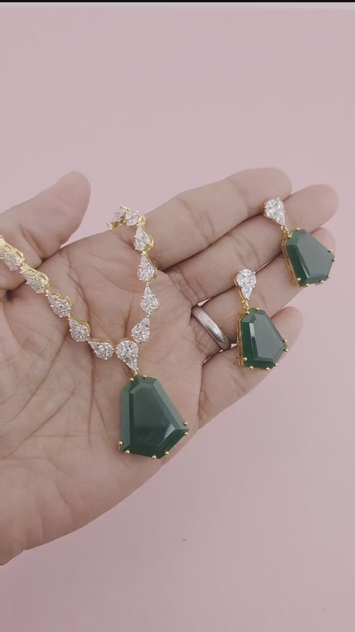 Bridal CZ Necklace Earrings Set, Emerald Green or Blush Pink, Gold/Silver Tone