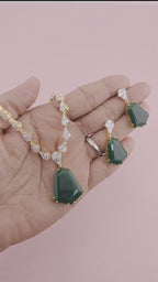 Bridal CZ Necklace Earrings Set, Emerald Green or Blush Pink, Gold/Silver Tone