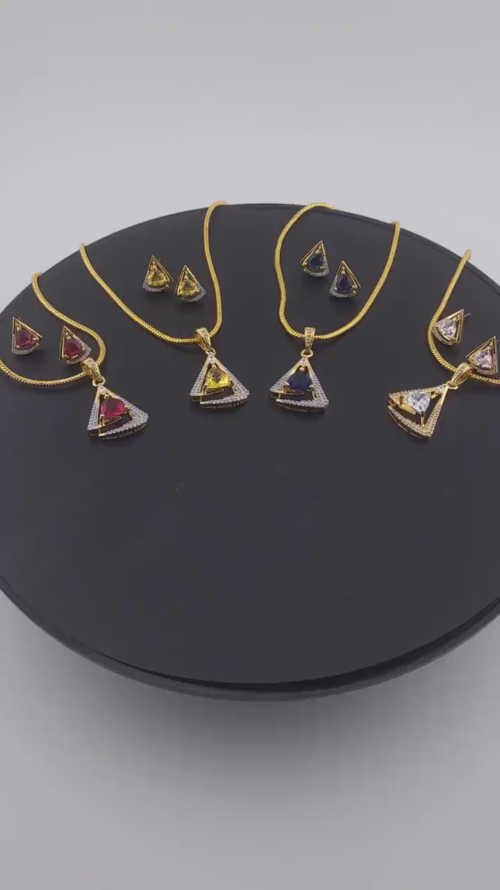 Triangle CZ Pendant & Earrings Set – Clear, Red, Yellow or Blue, Gold Tone