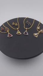 Triangle CZ Pendant & Earrings Set – Clear, Red, Yellow or Blue, Gold Tone