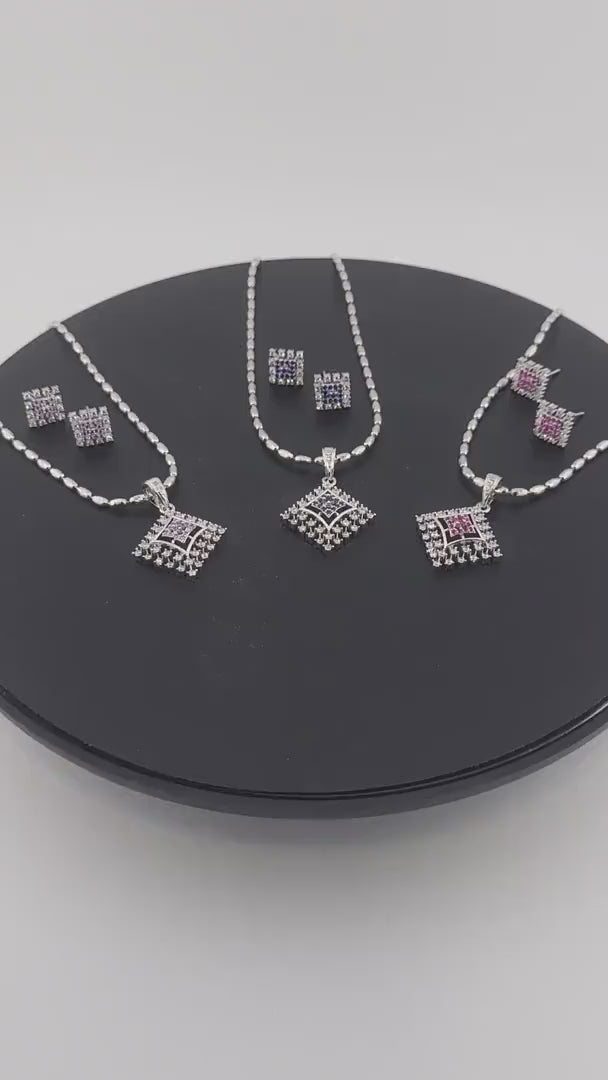 Diamond Shape CZ Pendant & Earrings Set – Red, Blue or Purple, Silver Tone