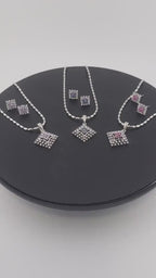 Diamond Shape CZ Pendant & Earrings Set – Red, Blue or Purple, Silver Tone