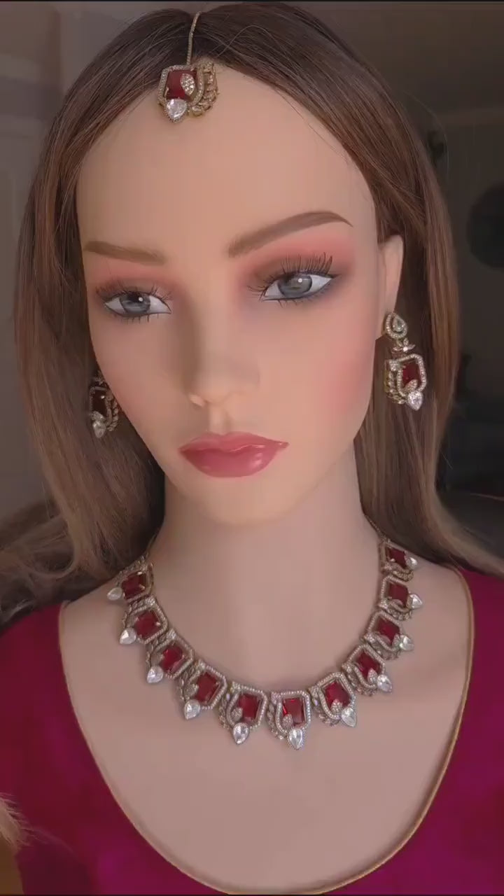 Moissanite Kundan Bridal Necklace Set – Statement Indian Wedding Jewelry (Red, Green, Blue)