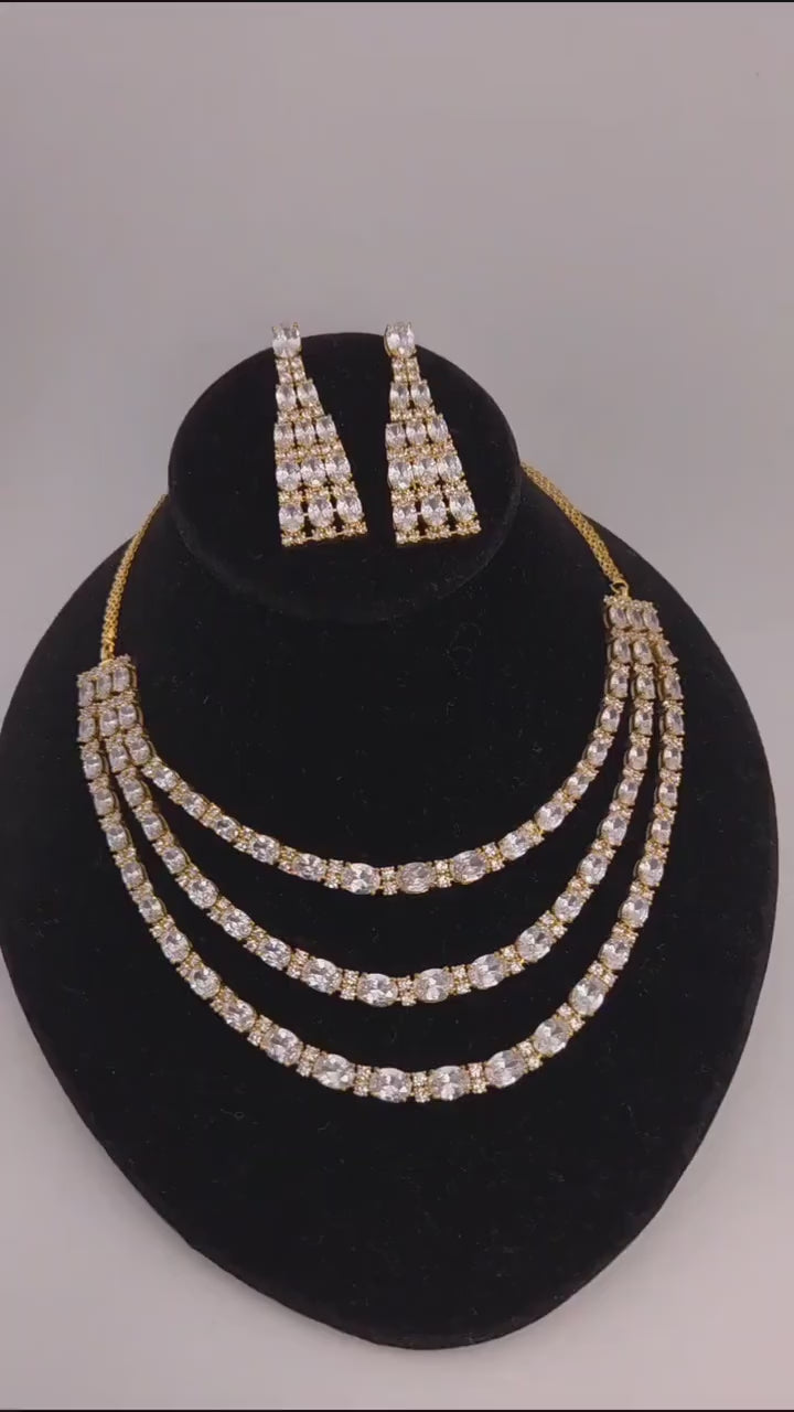 Gold Layered CZ Necklace & Earrings Set – Bridal Crystal Wedding Jewelry