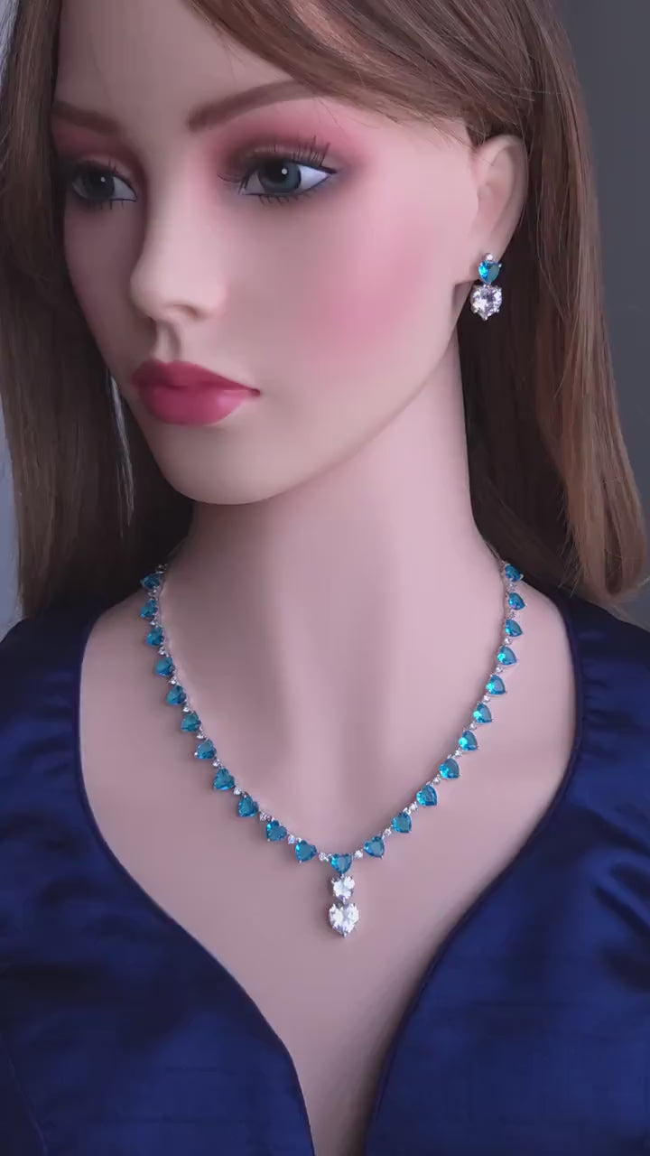Heart Crystal CZ Necklace & Earring Set | Silver Plated | Ocean Blue, Mint Green & Pink