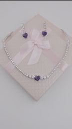 Blue Sapphire Heart Necklace Earrings Set | Silver Plated CZ Pendant Jewelry