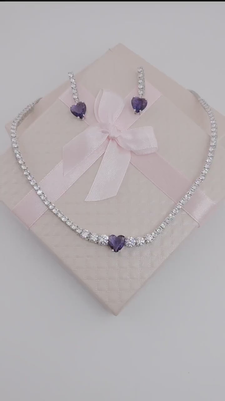 Blue Sapphire Heart Necklace Earrings Set | Silver Plated CZ Pendant Jewelry