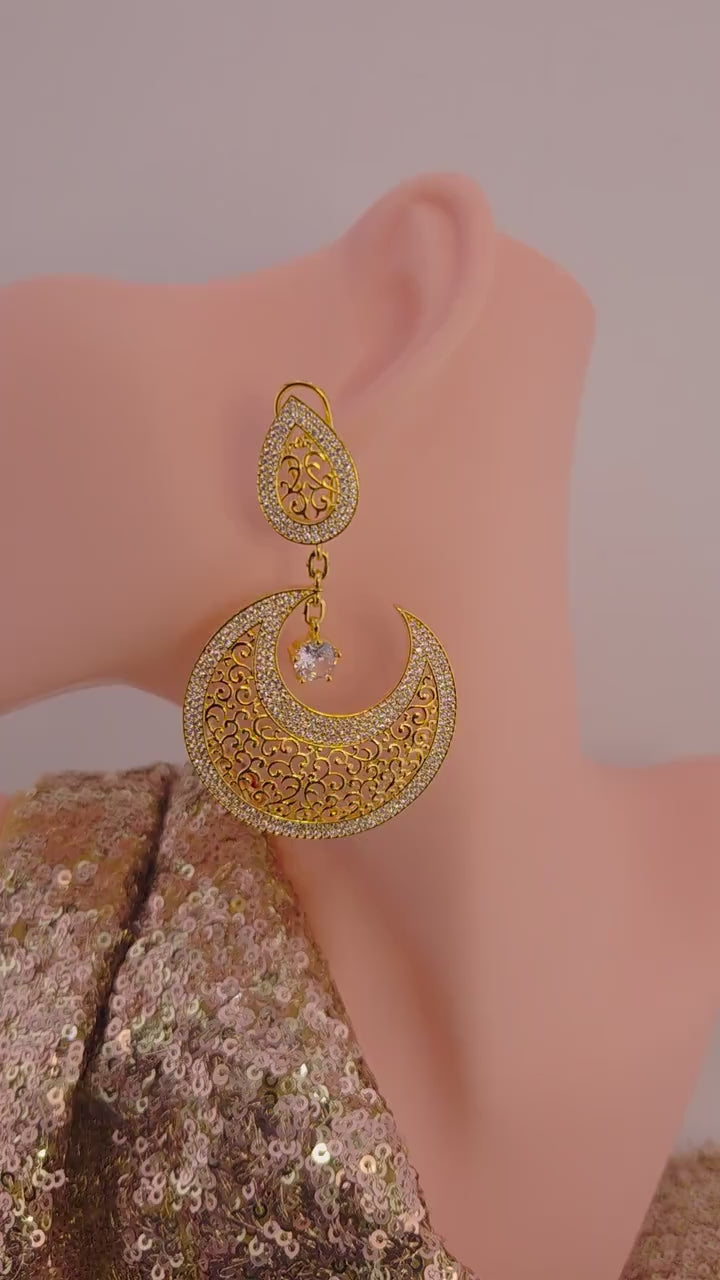 Gold Plated Filigree Chandbali Earrings, CZ Bridal Wedding Jewelry