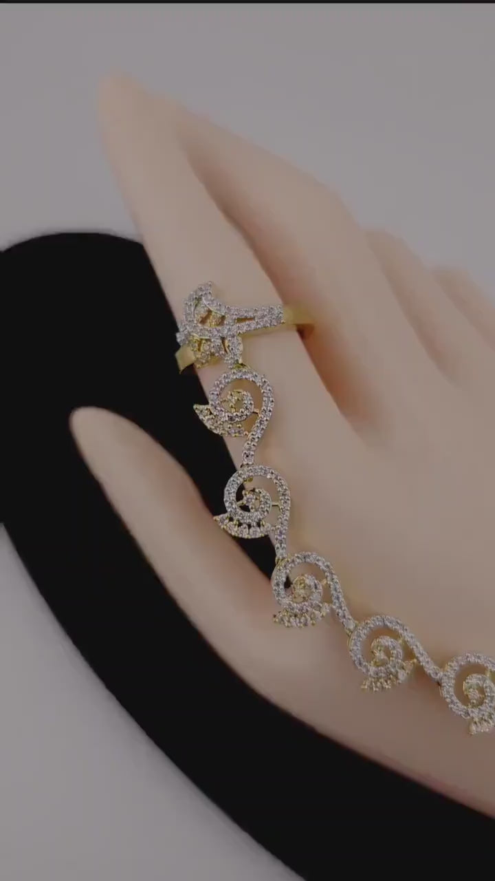 Gold Plated CZ Haath Phool – Indian Bridal Hand Jewelry, Adjustable Bracelet Ring Set