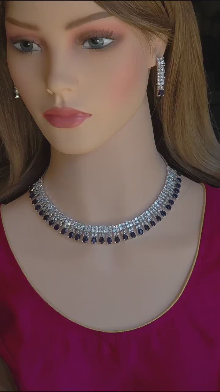 Blue Sapphire CZ Necklace Set, Diamond Look Bridal Jewelry, Silver Statement Necklace Earrings Set, Wedding Reception Jewelry, Evening Prom