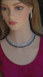 Blue Sapphire CZ Necklace Set, Diamond Look Bridal Jewelry, Silver Statement Necklace Earrings Set, Wedding Reception Jewelry, Evening Prom