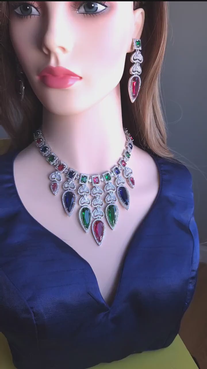 Multicolor CZ Statement Necklace & Earrings Set – Bridal Wedding Jewelry