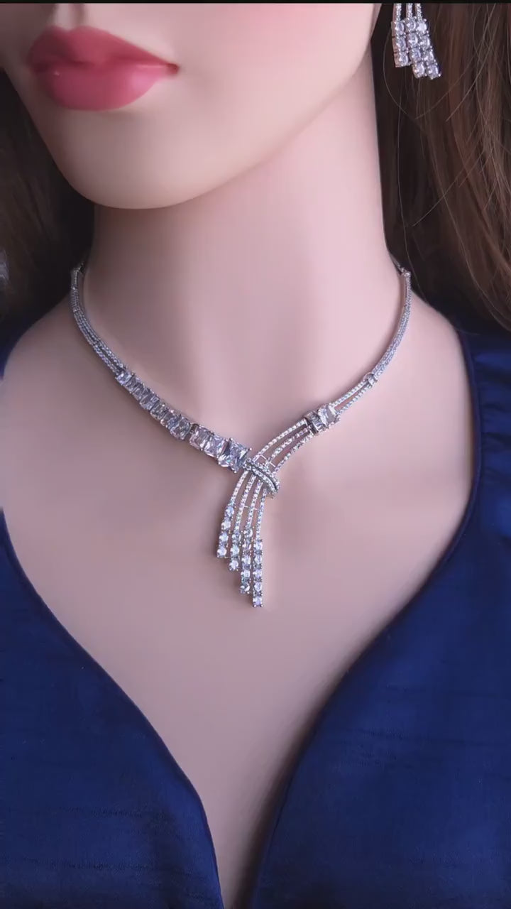 Statement CZ Y Necklace Set with Tassel Earrings | Silver Plated Bridal Jewelry