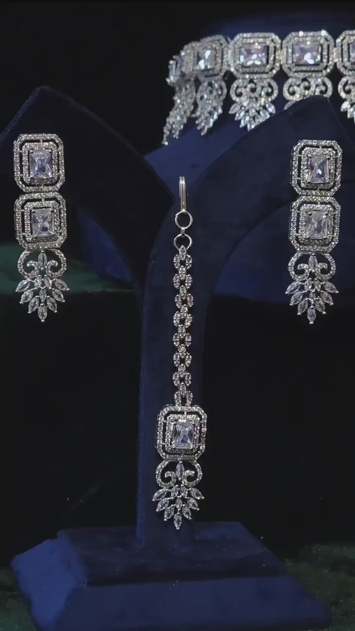 Silver CZ Bridal Necklace Set with Maang Tikka Indian Pakistani Wedding Jewelry Sitara