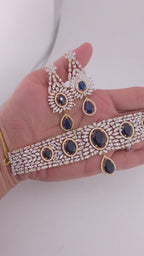 Gold Plated Blue CZ Choker Necklace & Drop Earrings Set