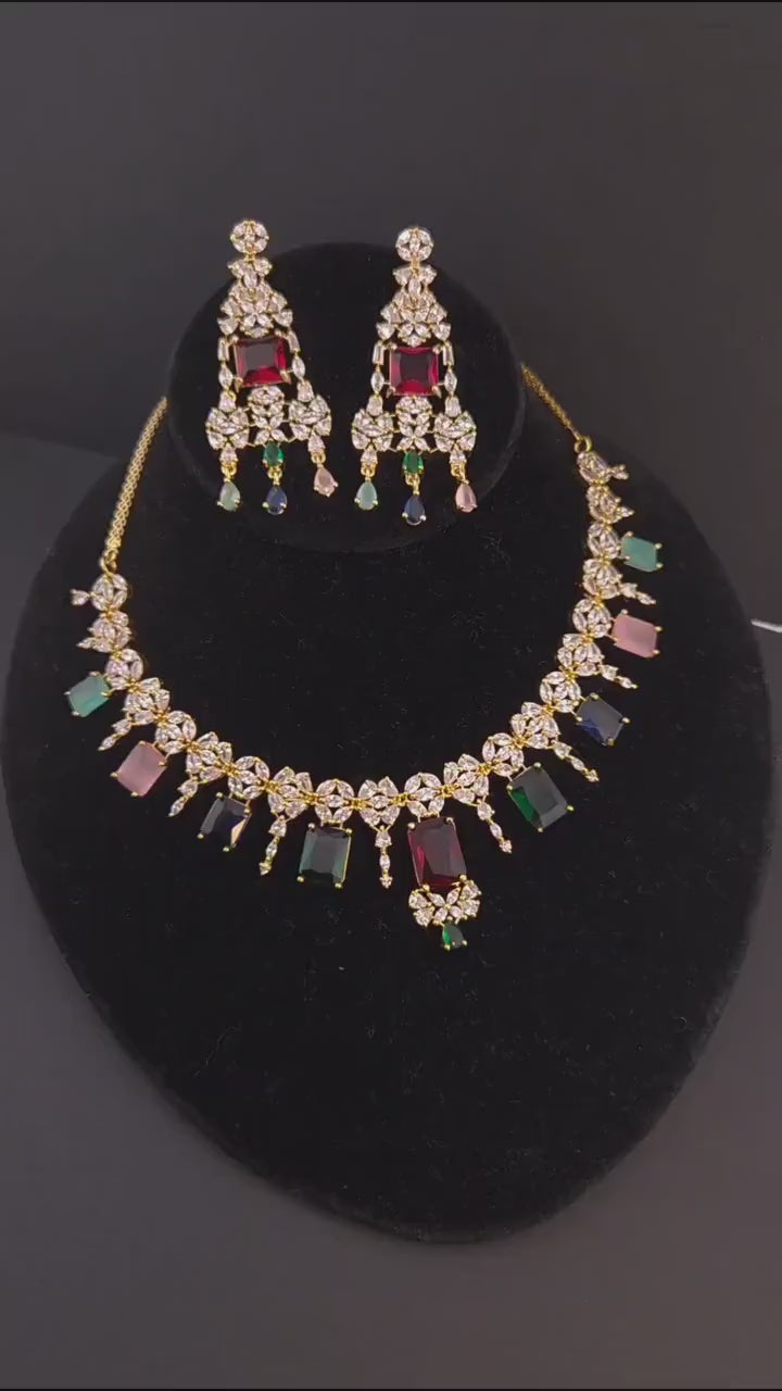 Navratna Style CZ Bridal Necklace Set – Gold Plated Indian Wedding Jewelry