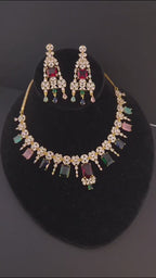 Navratna Style CZ Bridal Necklace Set – Gold Plated Indian Wedding Jewelry