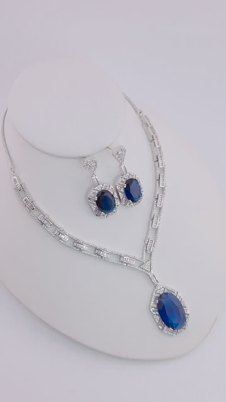 Royal Blue CZ Necklace Earrings Set | Silver Plated Bridal Statement Jewelry