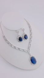 Royal Blue CZ Necklace Earrings Set | Silver Plated Bridal Statement Jewelry