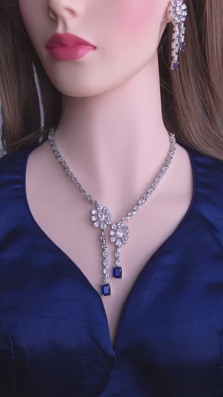 Silver Blue Cubic Zirconia Necklace Earrings Set, Bridal Wedding Drop Jewelry