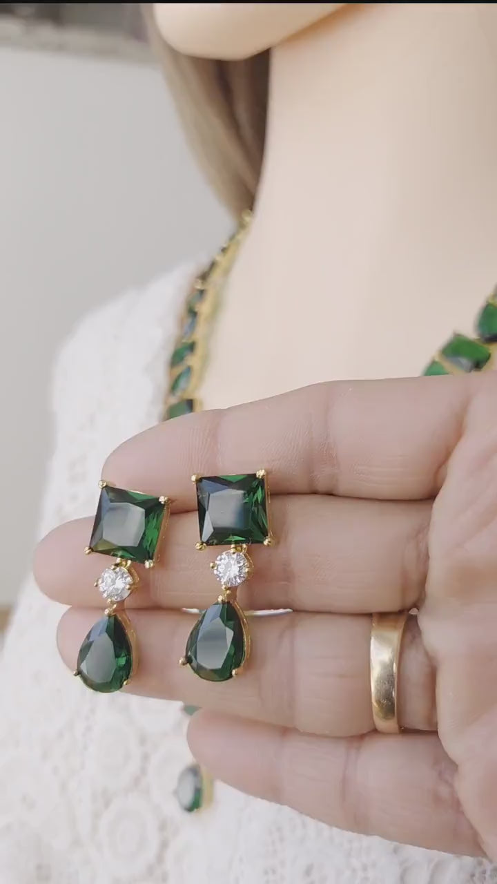Emerald Green Teardrop CZ Necklace & Earrings Set – Gold Plated Statement Bridal Jewelry