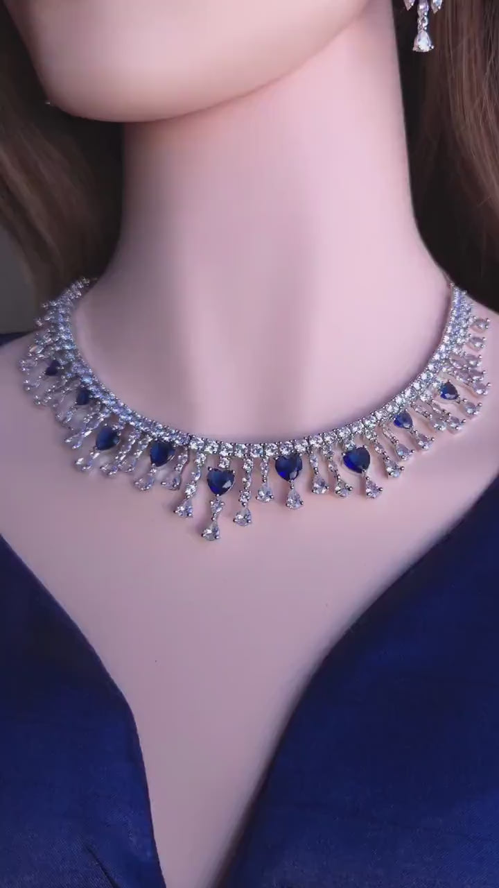 Silver Plated Heart CZ Necklace and Earrings Set, Bridal Diamond-Look Jewelry Royal Blue & Mint Green Pink