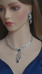 Silver CZ Lariat Necklace Set Red Green Blue Indian Wedding Jewelry Zeba