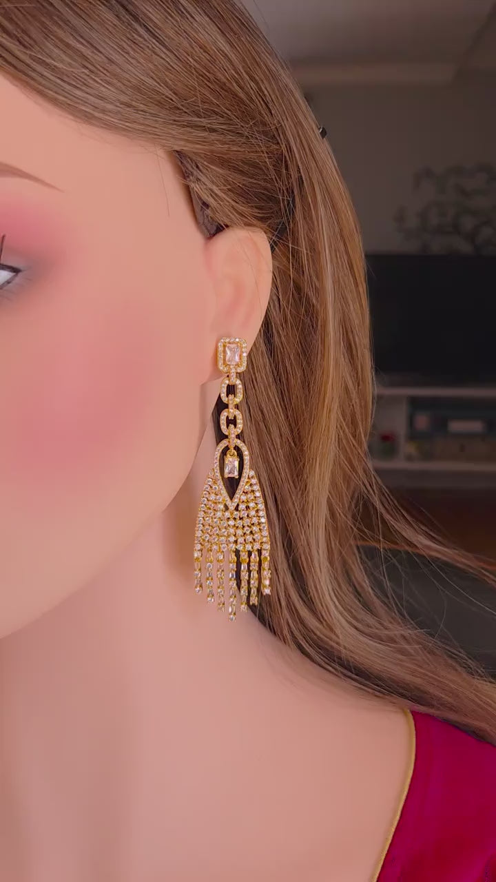 Gold CZ Tassel Earrings – Bridal Fringe Drop Statement Jewelry