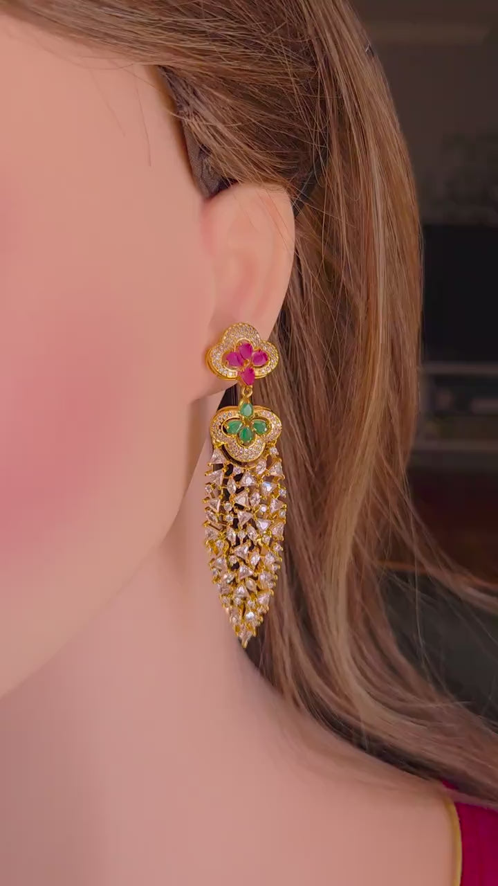 Gold Kundan Style Dangle Earrings, Pink Green Stone Bridal Jewelry