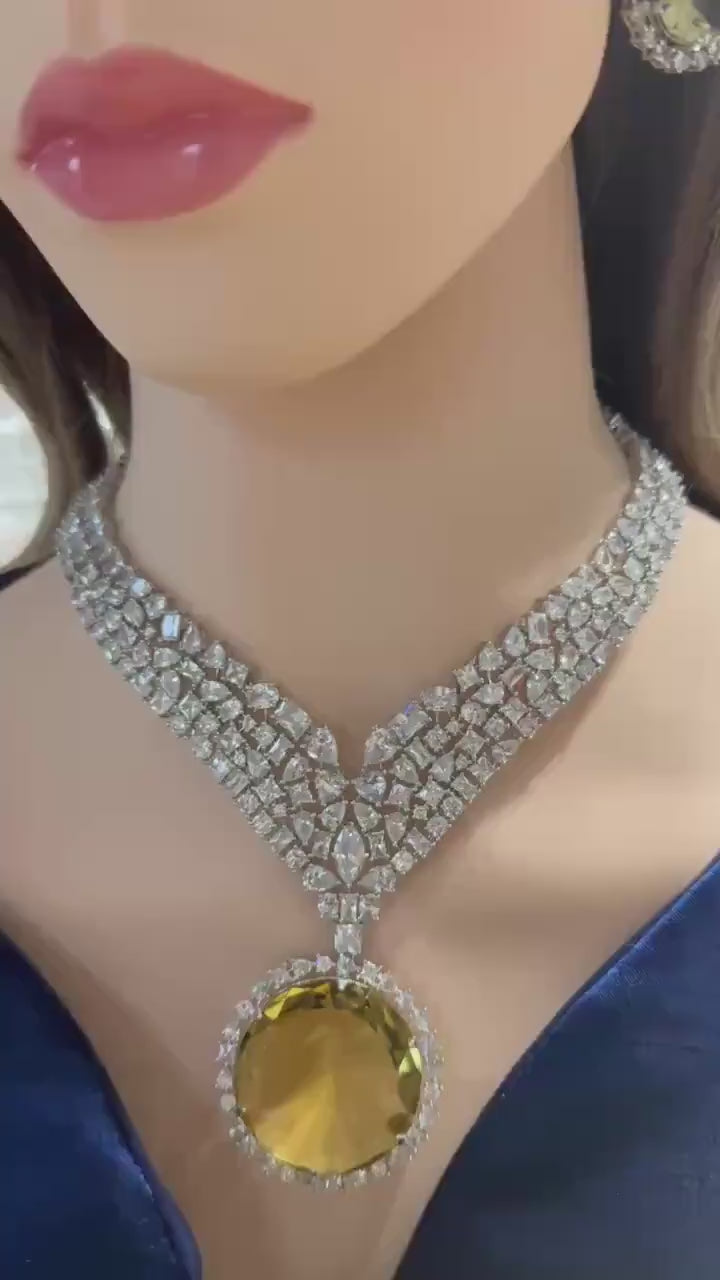 Yellow Citrine CZ Statement Necklace Set Luxury Statement Bridal Jewelry Sona